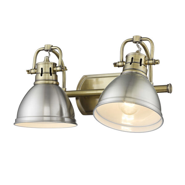 Duncan Aged Brass Two-Light Bath Vanity with Pewter Shades, image 3